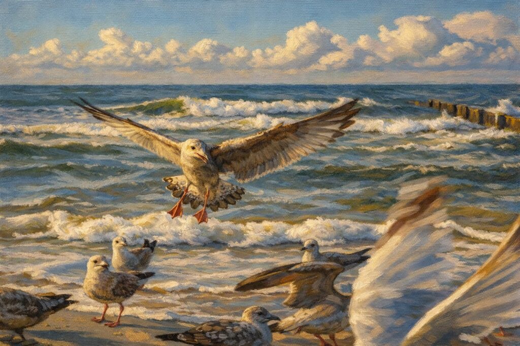 Möwen über den Wellen der polnischen Ostsee an einem windigen Strand
