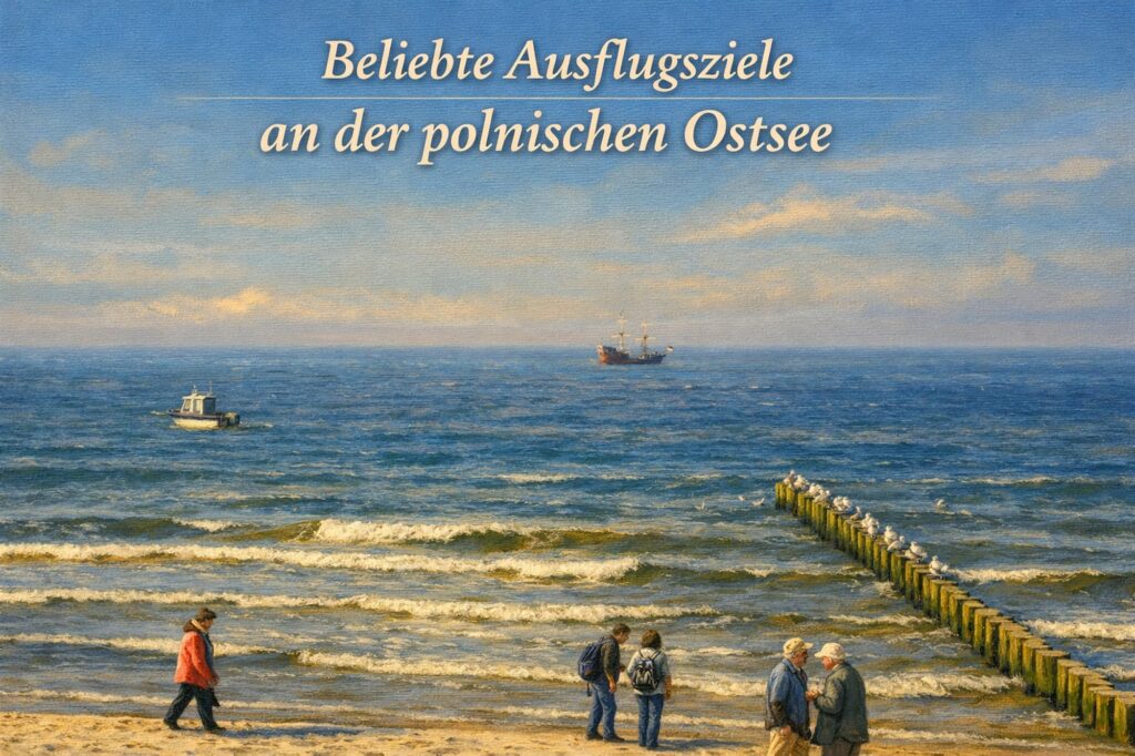 Strand an der polnischen Ostsee mit Spaziergängern, Möwen und Ostseewellen