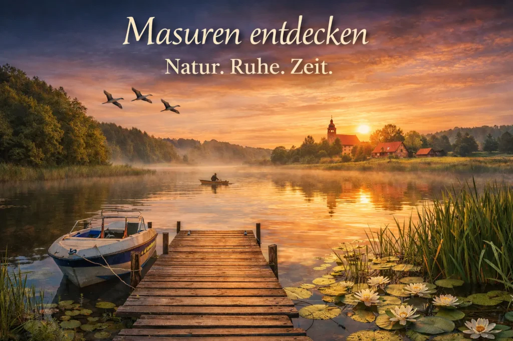 Masuren Landschaft mit See, Boot und Sonnenaufgang in Polen