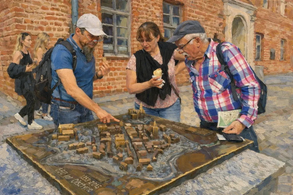 Deutschsprachiger Reiseleiter zeigt Gästen eine historische Stadtansicht von Olsztyn anhand eines Modells