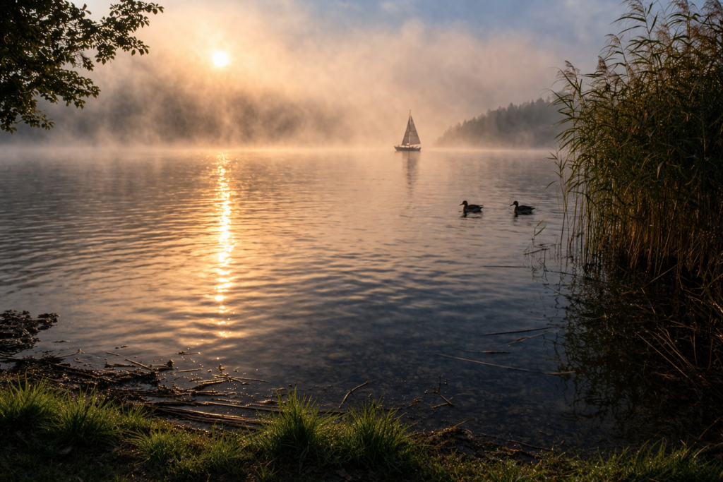 Masurischer See am Morgen mit ruhigem Wasser und Nebel