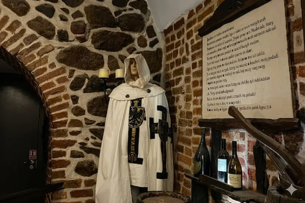 Innenansicht von Schloss Ryn (Polen): Mannequin in der Tracht eines Deutschordens-Komturs vor einer gotischen Stein- und Ziegelwand, neben einer Texttafel und Weinflaschen in der Schlosskellerei.