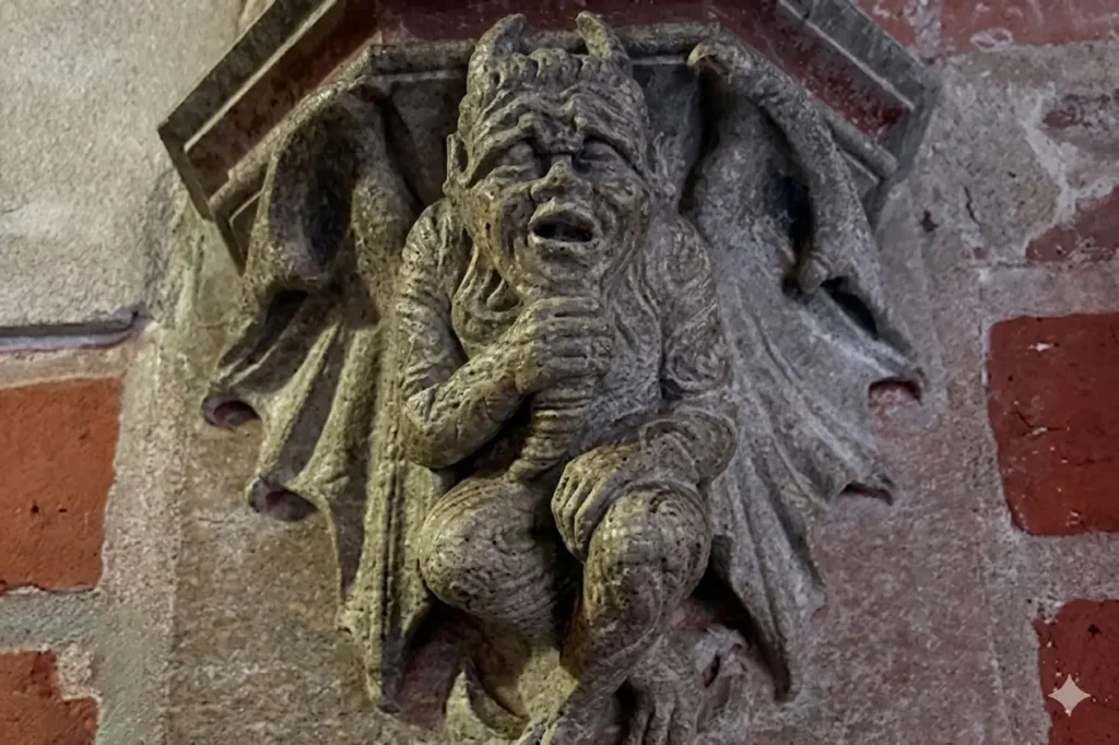 Nahaufnahme eines mittelalterlichen Steinwands, der einen detailliert geschnitzten, geflügelten Teufel darstellt, der als Konsole oder Kragstein in einer Backstein- und Steinwand dient. Die Figur blickt nach vorne mit offenem Mund und hält ein Objekt, das als Wegweiser diente.