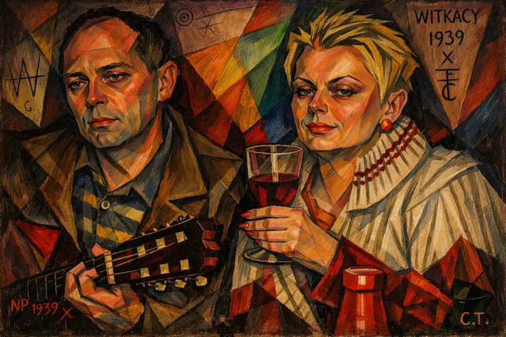 Doppelporträt im Stil von Stanisław Ignacy Witkiewicz (Witkacy). Ein Mann mit Gitarre und eine Frau mit einem Glas Rotwein in einer kubistischen, farbenfrohen Komposition aus dem Jahr 1939.
