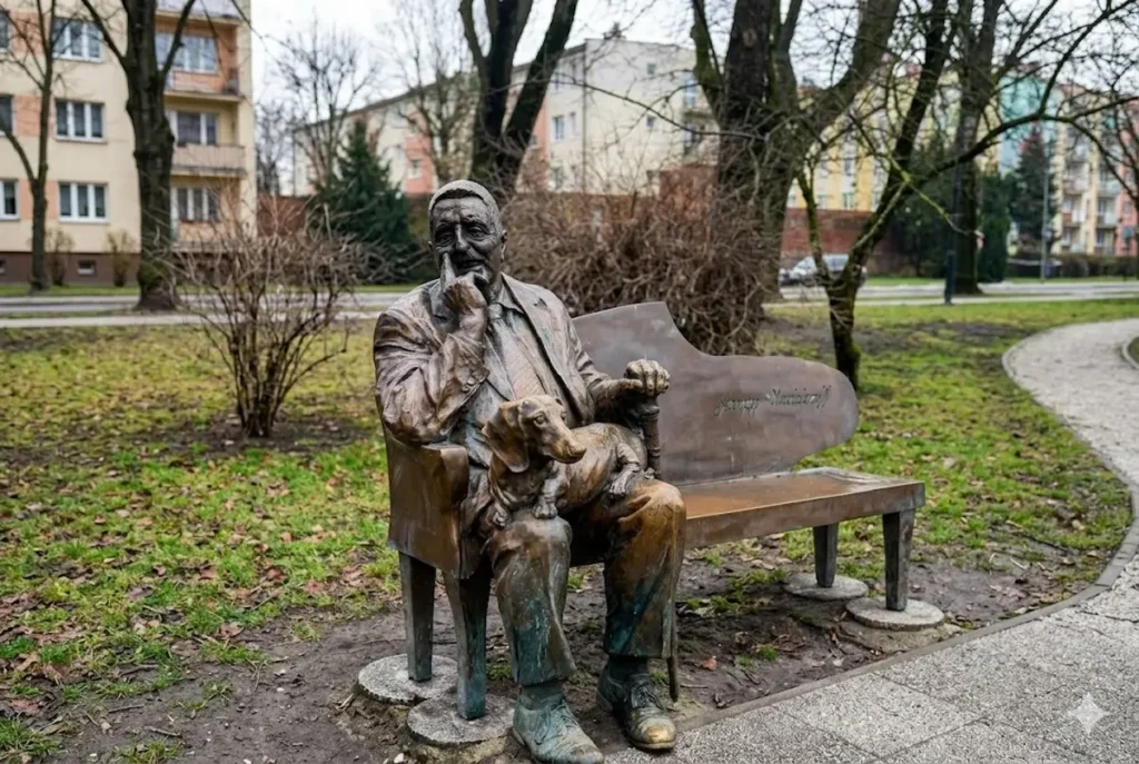 Das Jerzy-Waldorff-Denkmal in Słupsk (Stolp): Eine Bronzestatue des berühmten Musikkritikers mit seinem Hund Puzon auf einer Parkbank.