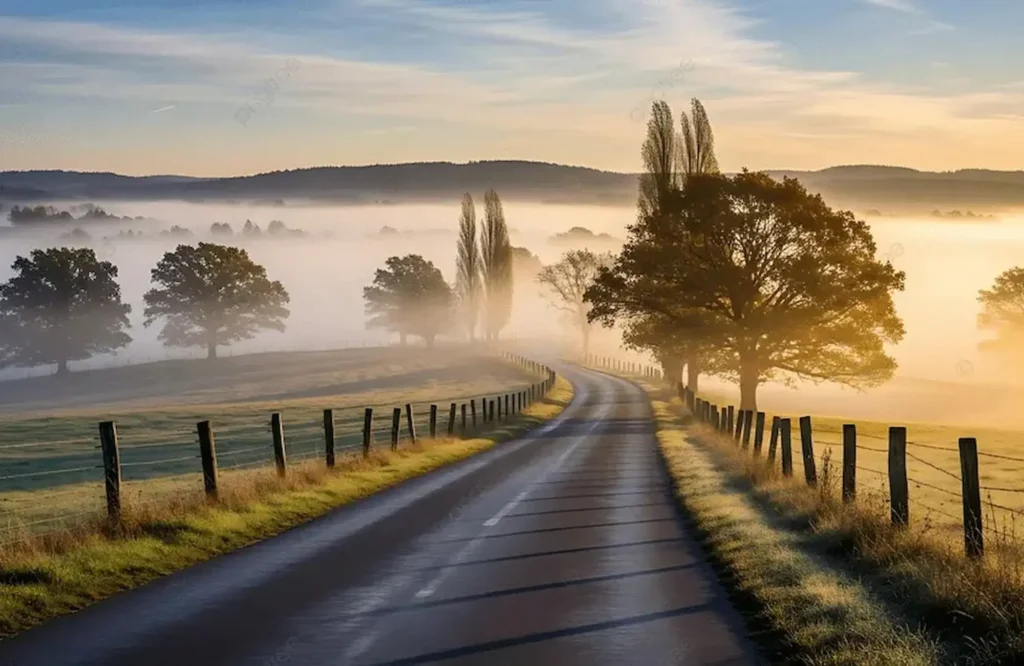 Ländliche Landschaft in Pommern mit Straße im Morgennebel – Symbol für Reise und Geschichte
